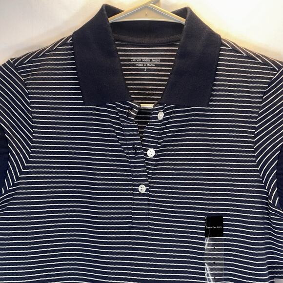 Calvin Klein Jeans Women’s Striped Polo Shirt Navy White Short Sleeve Size Small - Picture 2 of 8
